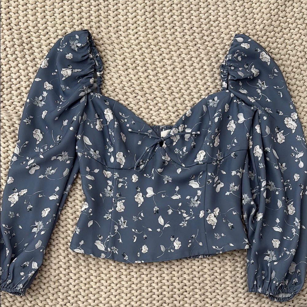 Wilfred Blue Puff Sleeve Ruched Crop Blouse